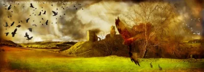 Clun Castle with the witch and the greenman and a red kite