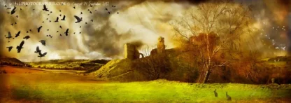 Clun Castle with the witch and the greenman