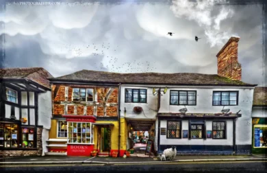 Much Wenlock Book Shop and The Talbot Inn with sheep