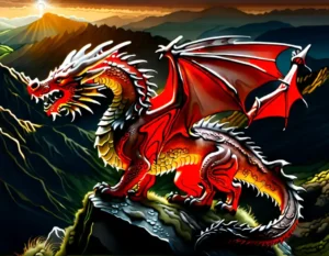 Red Welsh dragon atop a mountain