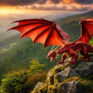 Red welsh dragon roaring at a distant castle